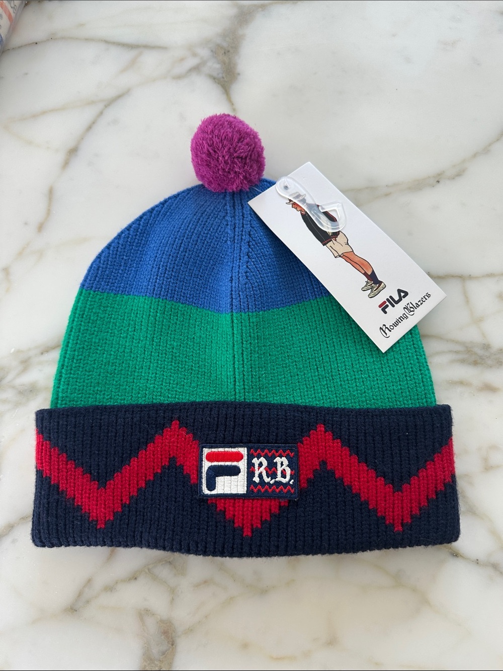 FILA x Rowing Blazer Kids Blue & Green Colorblock Beanie with Pink Pom